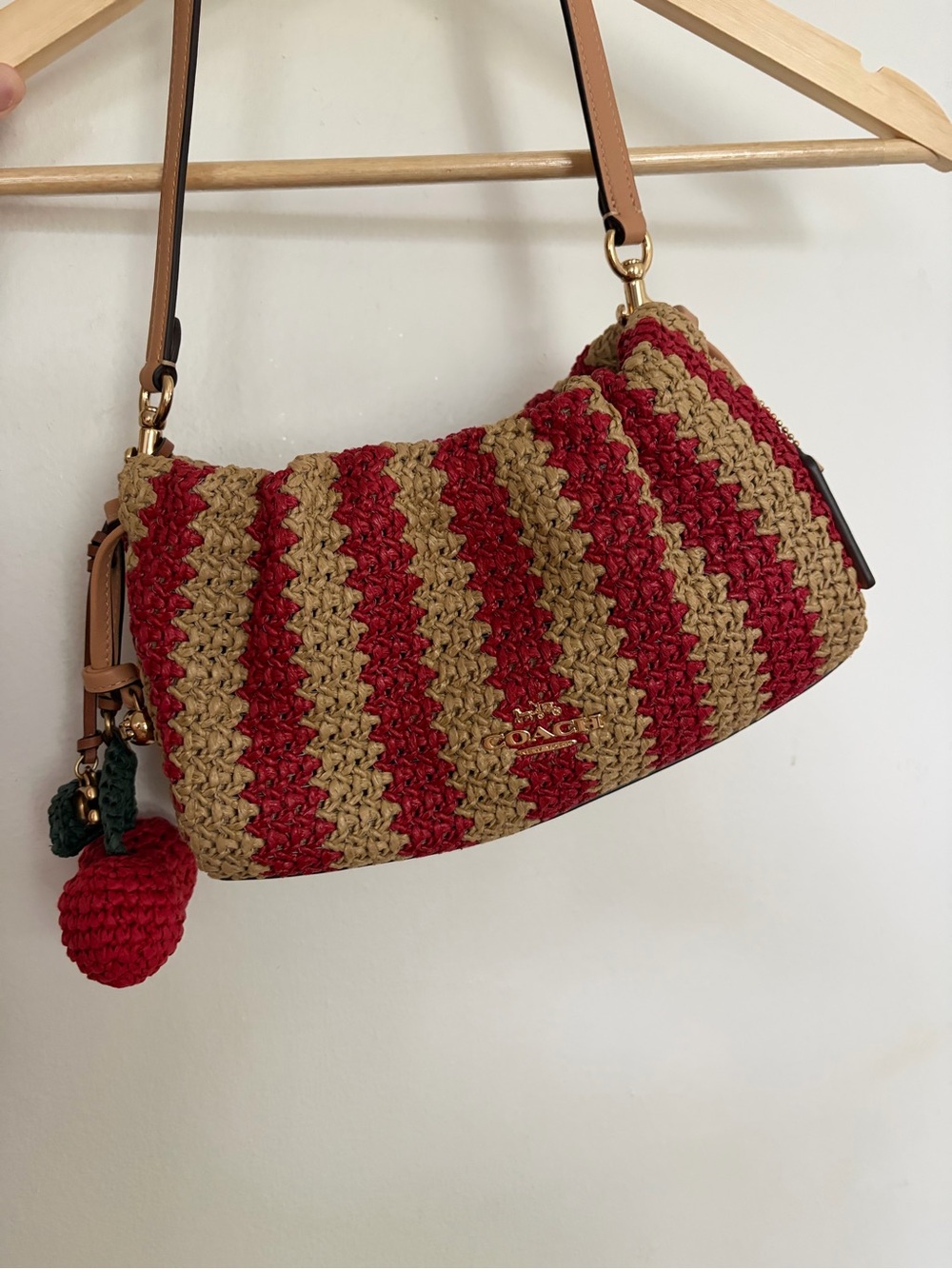 Coach Red and Tan Striped Crochet Shoulder Bag